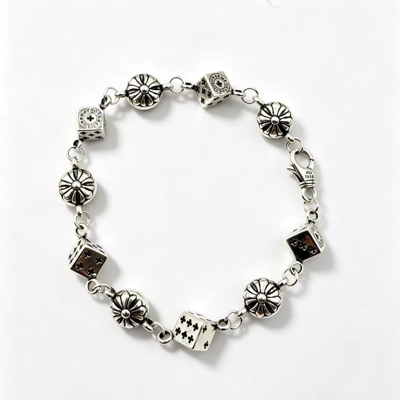 Chrome Hearts Sterling Silver Dice and Flower Charm Bracelet